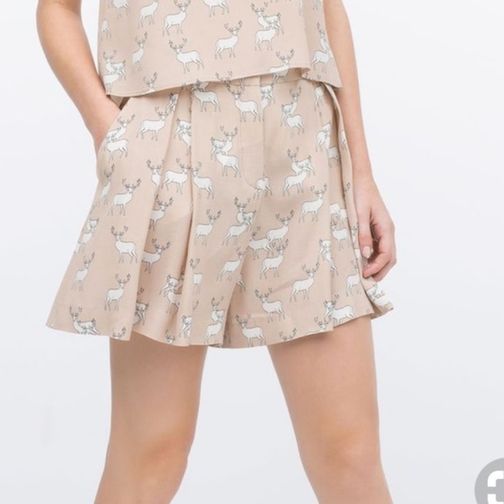 ZARA Deer Print Pleated High Waisted Shorts